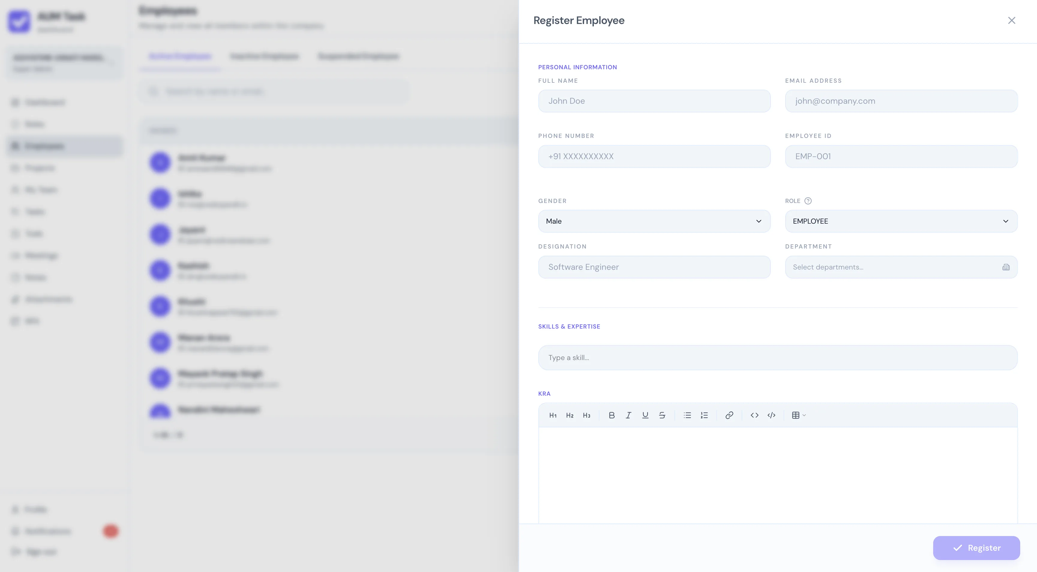 AUM Task Register New Employee Modal and Company Mapping